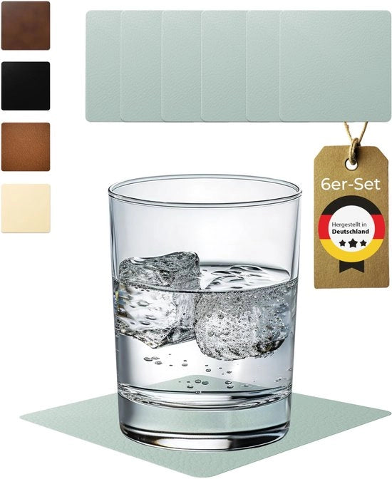 Set di Sottopiedini in Vetro Quadrati da 6 - Antiscivolo & Lavabile - Protezione Perfetta per la Tavola - Sottopiedini in Vetro Quadrati Pelle Grigia - Realizzato in Germania