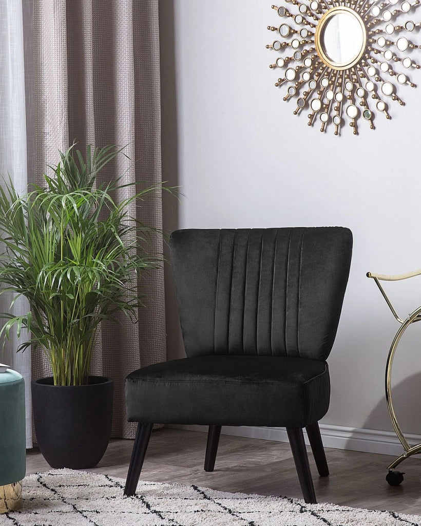 Poltrona in velluto Nero senza braccioli con sedia senza braccioli con trapuntatura verticale gambe in legno