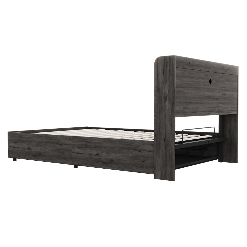 OKWISH Letto contenitore 140×200 cm, Letto Matrimoniale con Contenitore Idraulico, USB, Tipo C e Scomparti, senza Materasso, MDF, Grigio