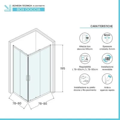 Box doccia angolare 80x80 cm doppio scorrevole vetro trasparente  Tay