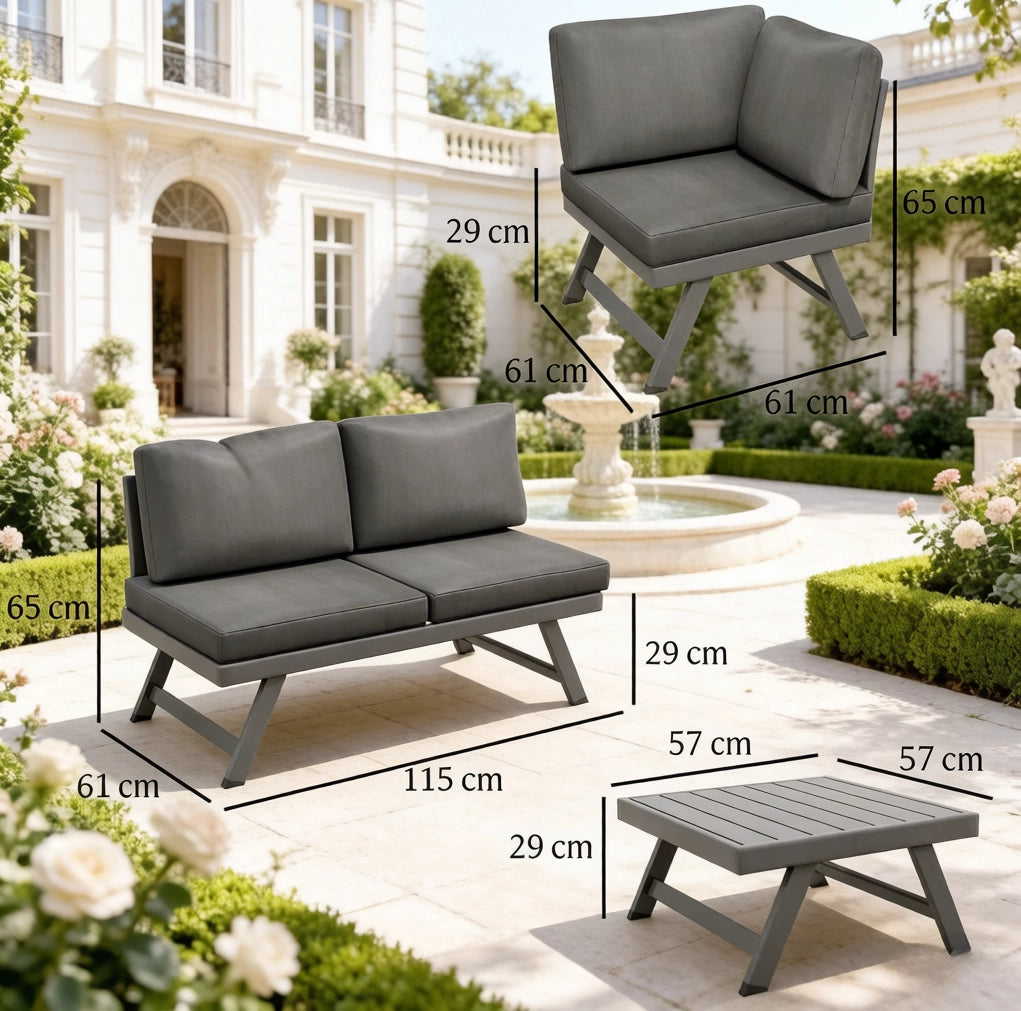 Set salotto da giardino angolare 4 pezzi per 5 persone; grigio; con tavolino in alluminio e acciaio