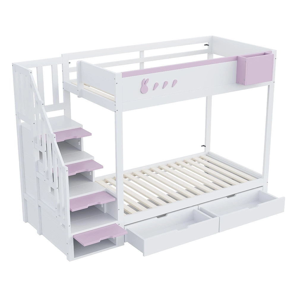 Letto a castello-Xylo-90x200cm, motivo conigli, cassetti, bianco+rosa