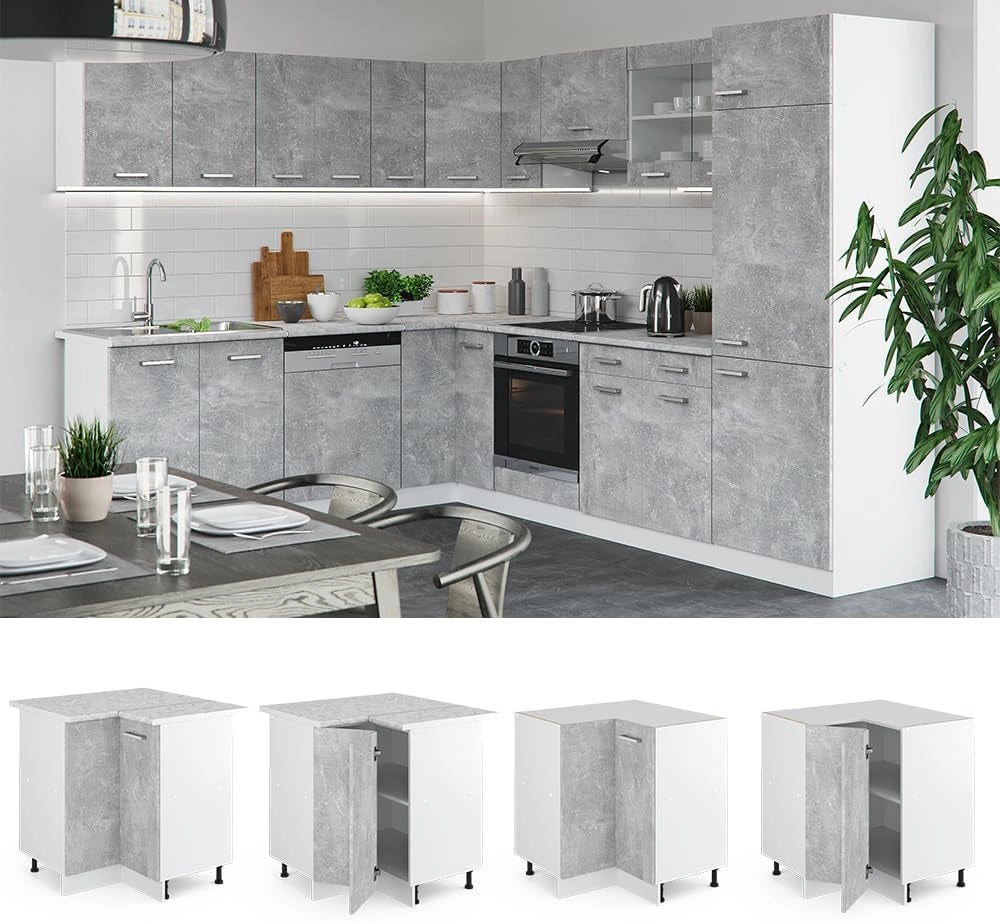 Mobile ad angolo cucina R-Line, Calcestruzzo, 75.6 cm, PL Marmo, per la libera combinazione all'interno di sistemi cucina modulari
