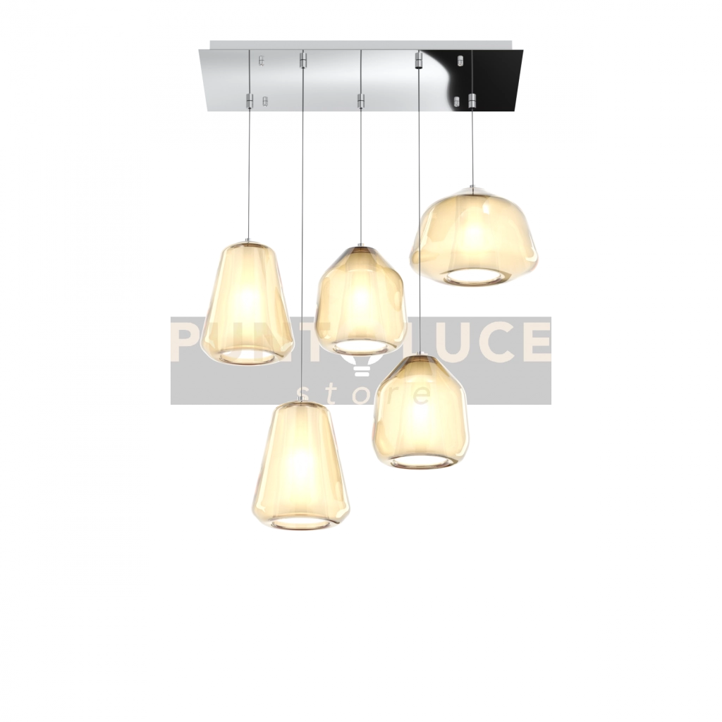 SOSPENSIONE CROMO 5 LUCI RETTANGOLARE VETRI 1X ALPHA + 2X BETA + 2X GAMMA AMBRA 1176CR-S5 R ABG-AM