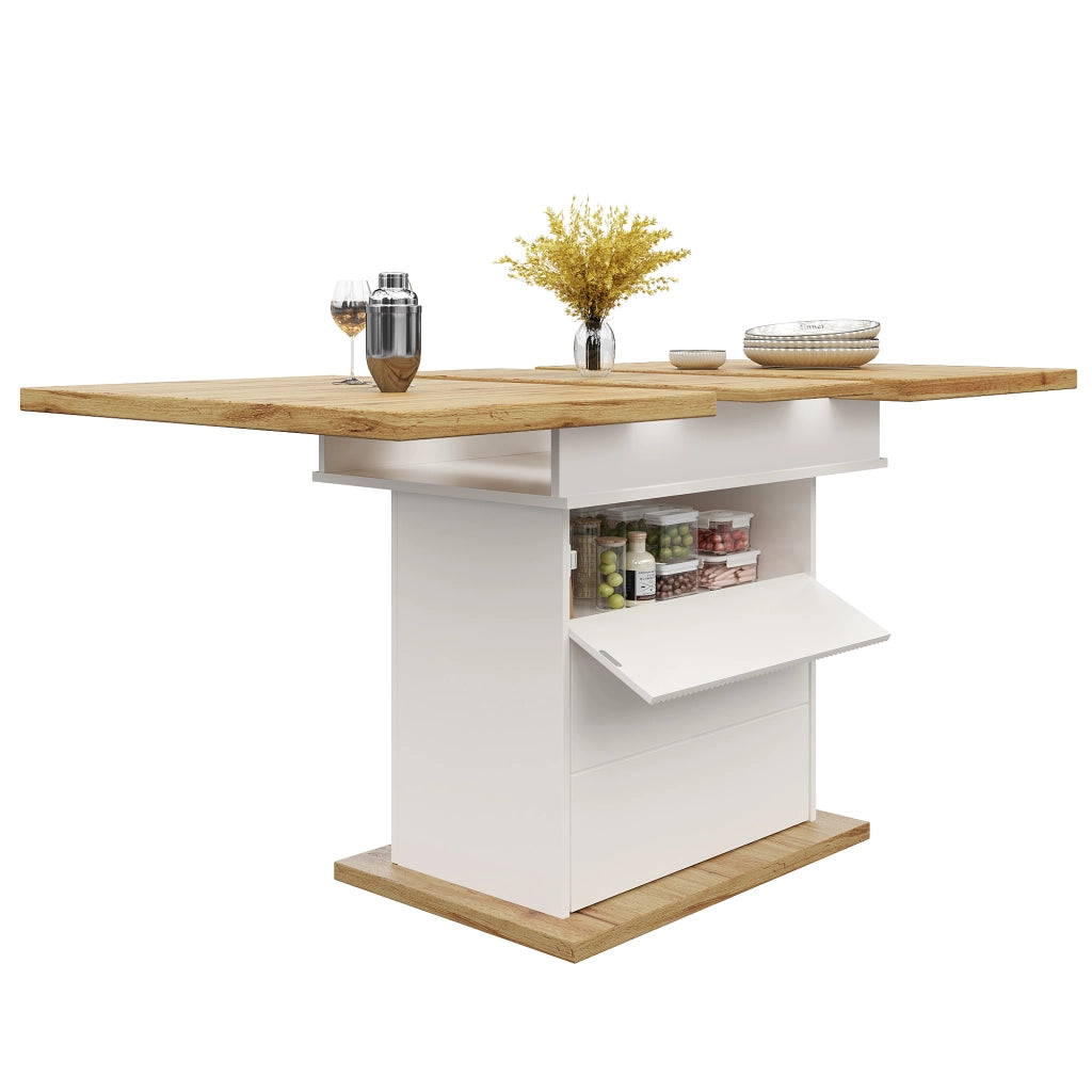 Tavolo da pranzo allungabile in MDF con vano contenitore e chiusura ammortizzata, per cucina e soggiorno, bianco
