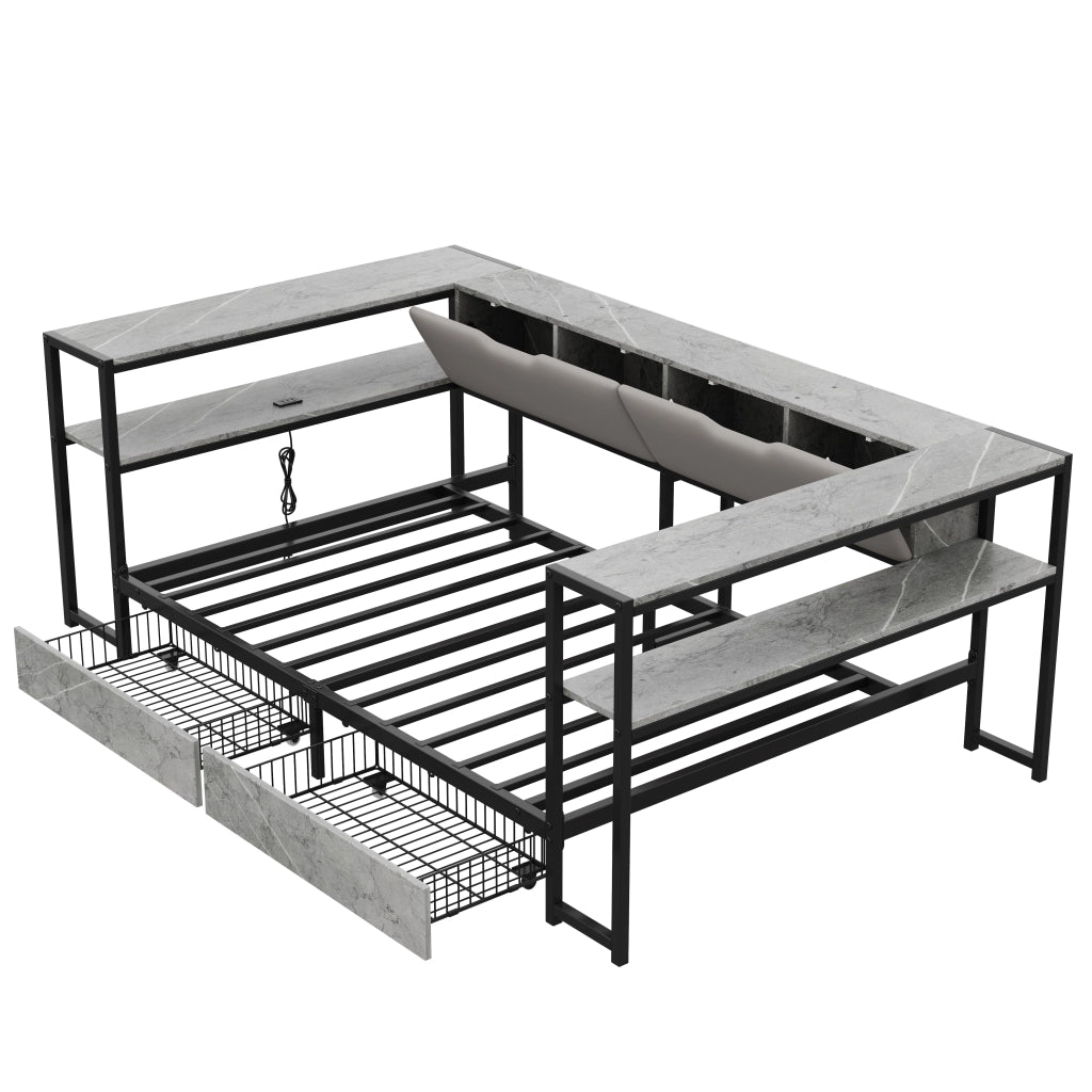 Letto Imbottito con 2 Cassetti e Rete a Doghe in Metallo ¨C MINIMAL ¨C 90x200, Grigio Cemento