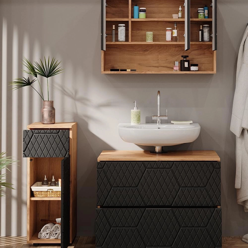 set mobili bagno Irma, Quercia dorata/Antracite, 3 pezzi, con cassettiera e mobile midi