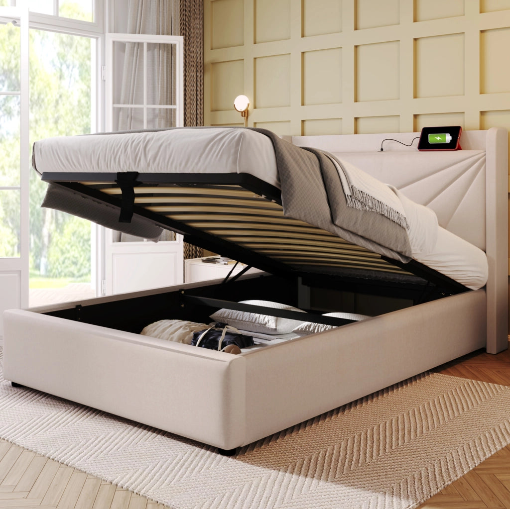 Letto singolo con contenitore e ricarica USB Tipo C 90x200 cm in cotone e lino beige