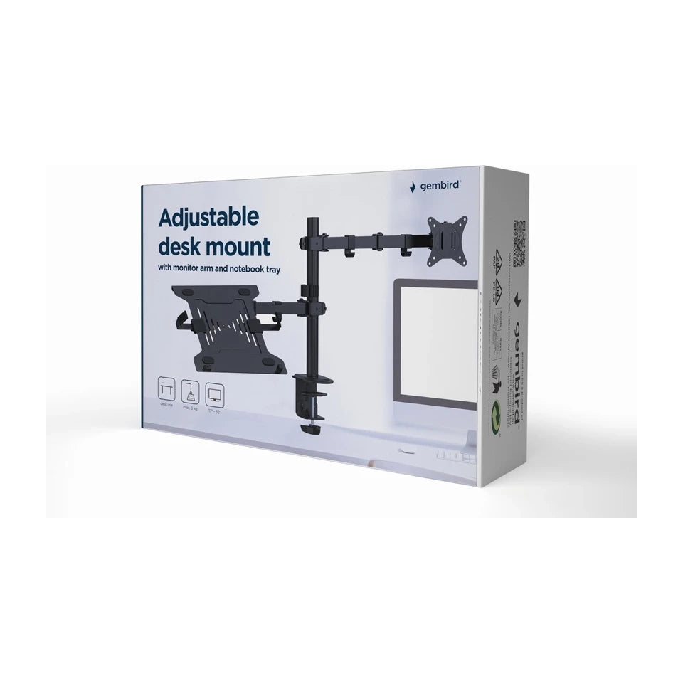 Supporto da scrivania regolabile Gembird MA-DA-03 con braccio per monitor e vassoio per notebook (rotazione, inclinazione, orientamento), 17"-32", fino a 9 kg