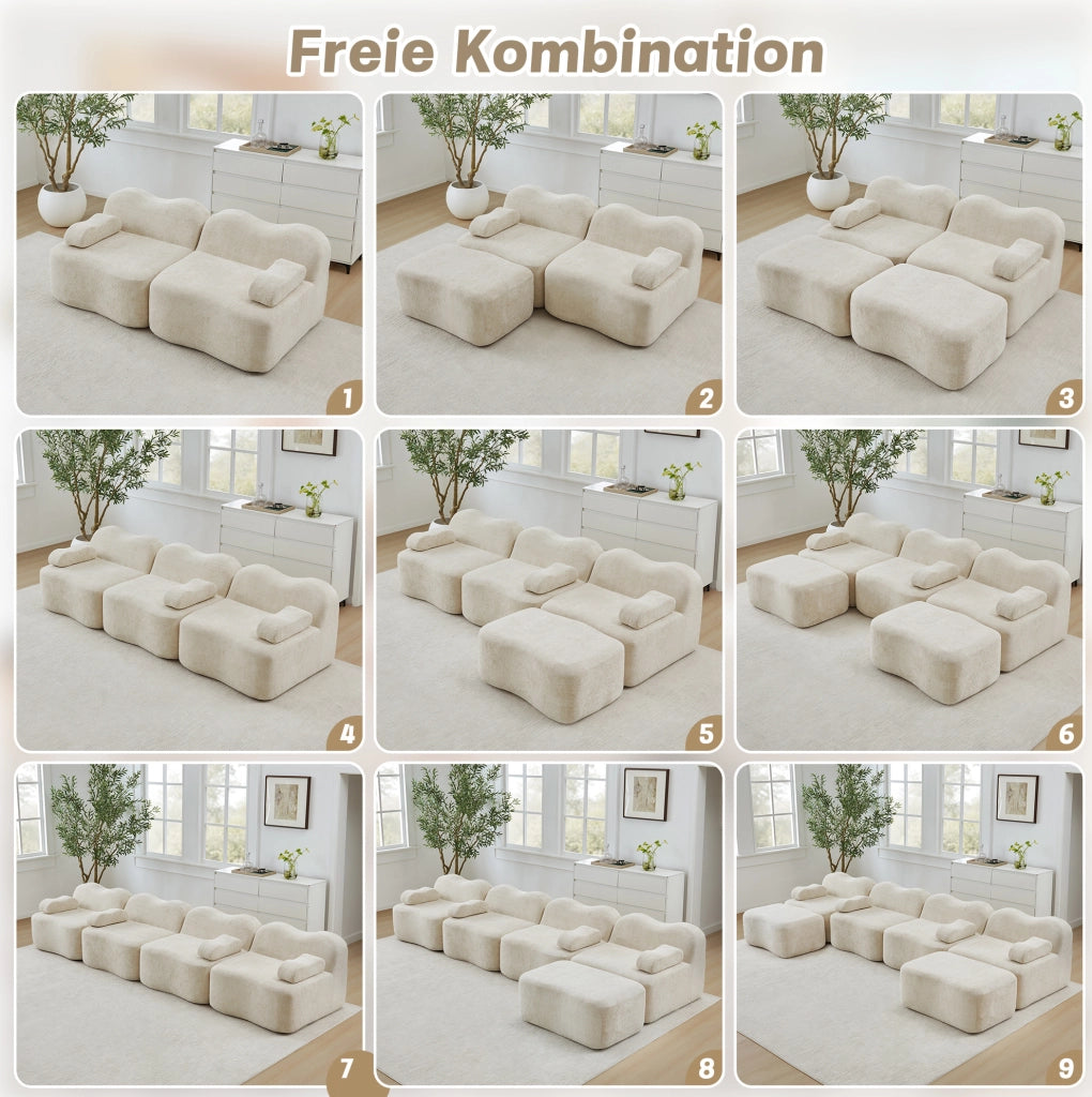 Divano modulare angolare a L 192x167x70 cm in velluto beige; con pouf; senza montaggio