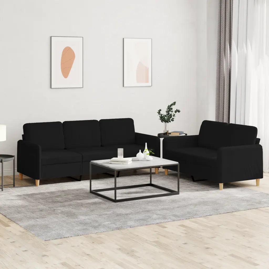 Set di Divani 2 pz con Cuscini Nero in Tessuto