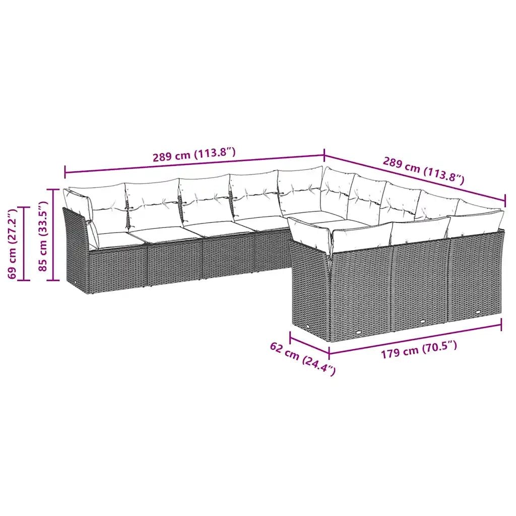 Set Divani da Giardino 11 pz con Cuscini in Polyrattan Grigio