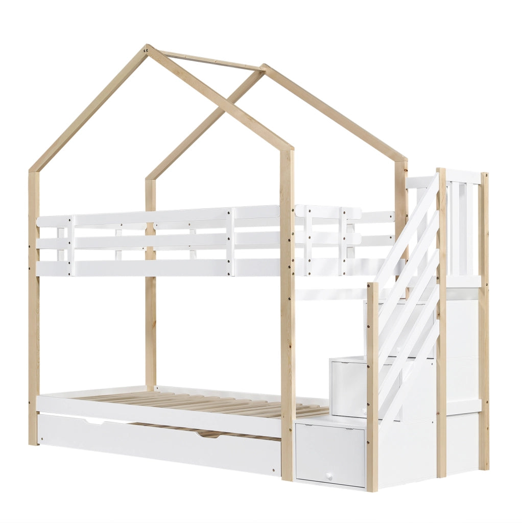 Letto a castello a casetta con letto estraibile; scala con cassetti; 90x200/90x190 cm; bianco naturale