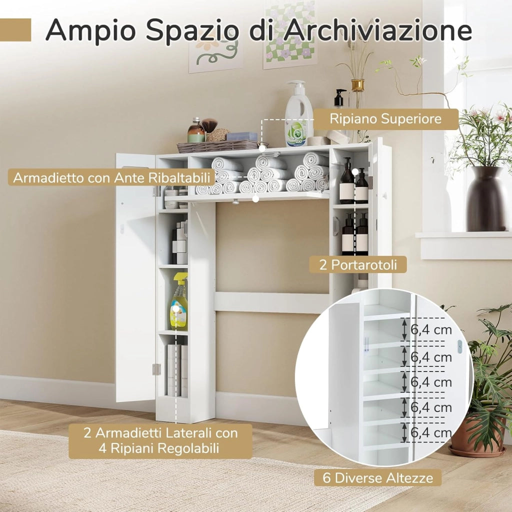 Mobile Sopra Lavatrice da Bagno, Armadietto su WC con Ripiani, Portarotoli, Porta con Apertura a Ribalta e Ripiani Regolabili, Mobile Salvaspazio in Legno con 2 Ante Laterali