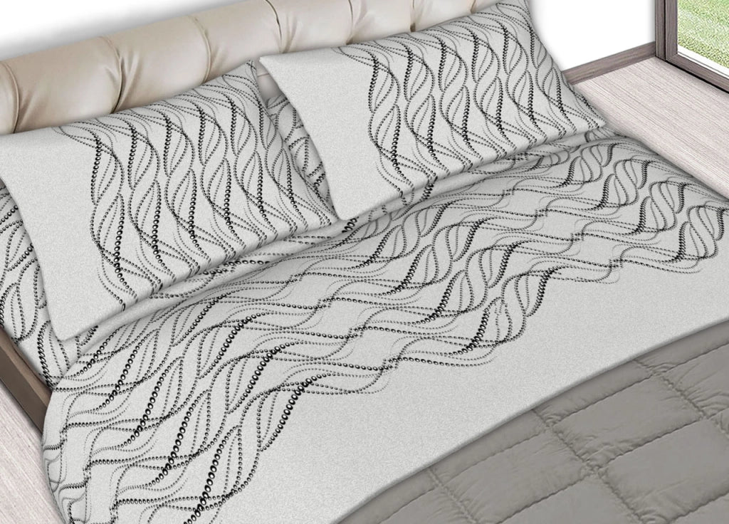 Completo Lenzuola Letto In 100% Cotone Made In Italy Disegni Assortiti C.N - 2 Piazze - Perla Grigio
