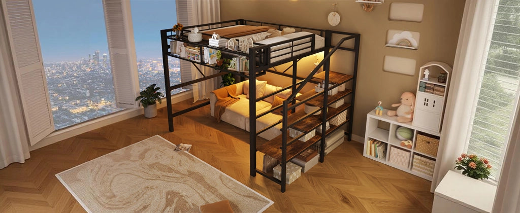 DESMIU Letto a soppalco 140 × 200 cm 2 posti con ripiani, cestello portaoggetti, LED regolabile, senza materasso, nero