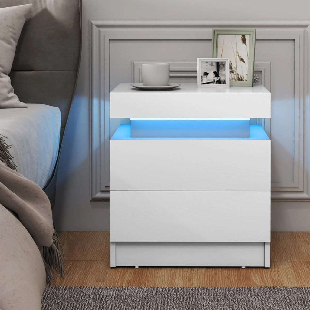Comodino con luci a LED 2 cassetti, Tavolino da divano moderno con finitura lucida effetto marmo 45x35x52cm Bianco-Comodini