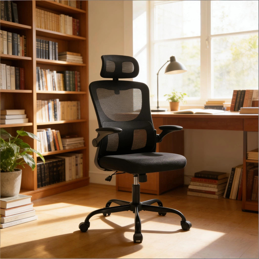 Sedia da ufficio ergonomica con schienale alto supporto lombare e funzione d'oscillazione in rete nera