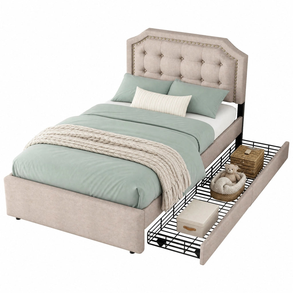 Letto imbottito 90x200 cm con 2 cassetti; testiera regolabile; in MDF e tessuto lino beige scuro