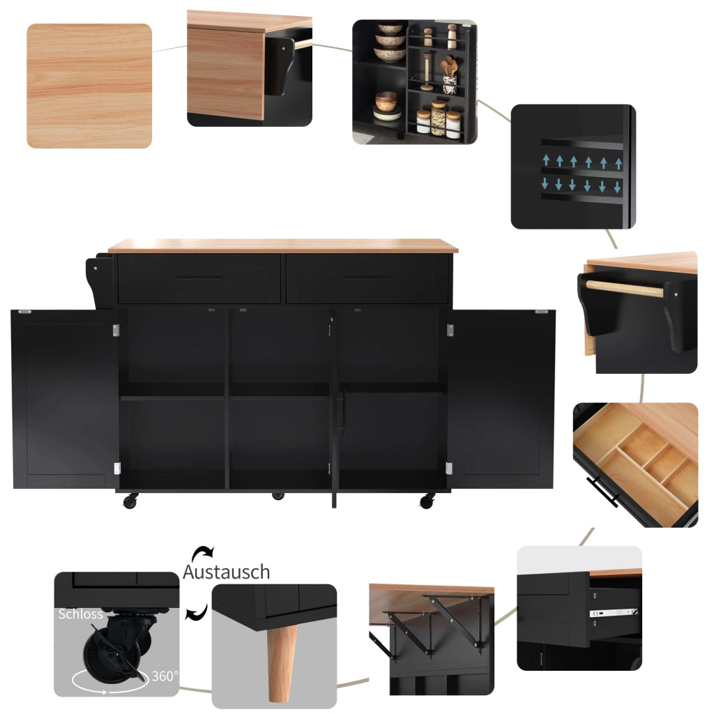 CARRELLO CUCINA Con piano pieghevole 129x71x91,5 cm MDF Nero/Naturale