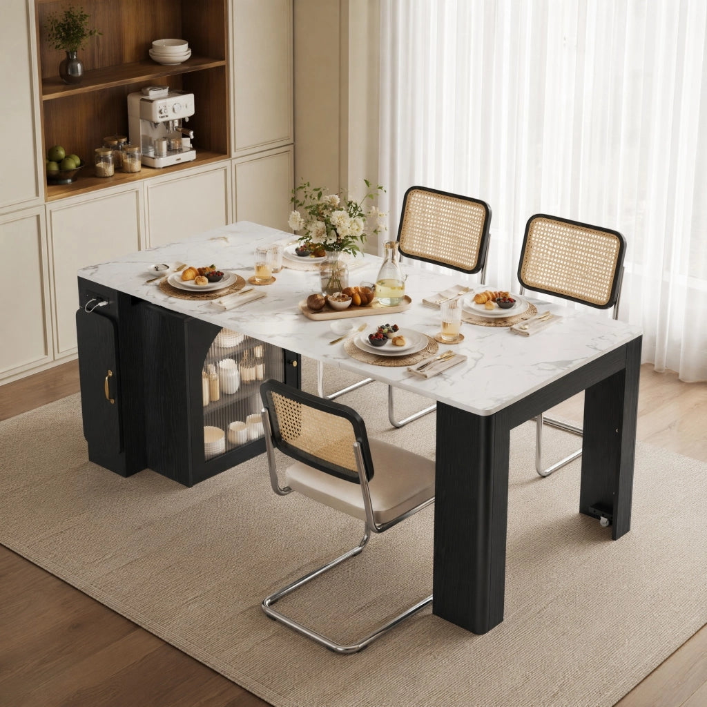 Tavolo da pranzo estensibile con isola e prese USB, bianco/nero