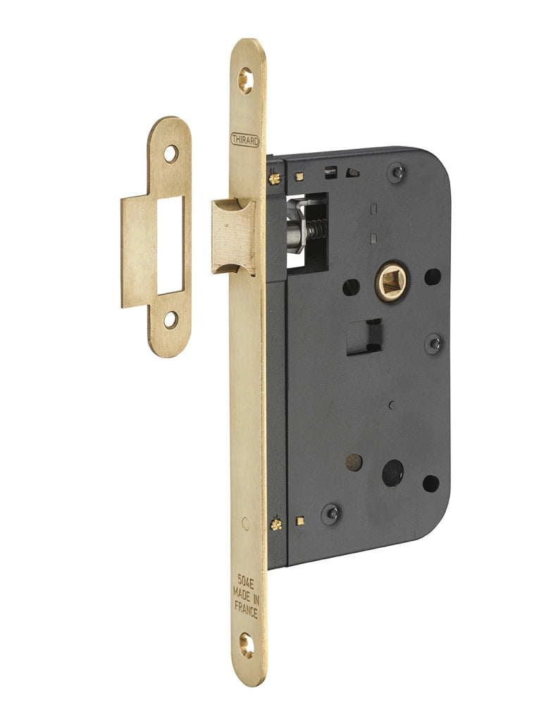 Serratura da incasso con scrocco, asse 60 mm, frontale in ottone satinato – THIRARD
