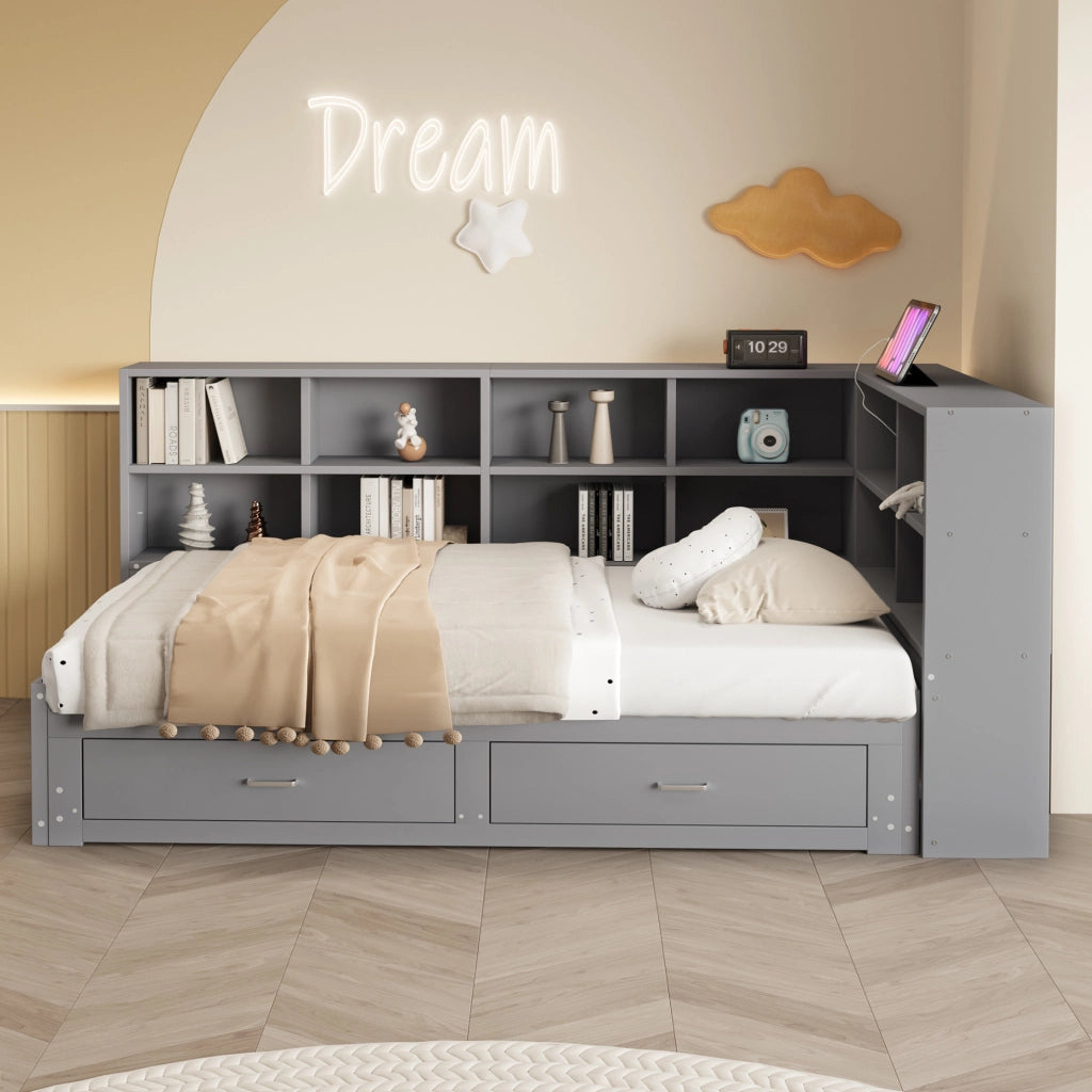 Letto multifunzione estraibile 90/180x190 cm con contenitore; prese multifunzione; grigio