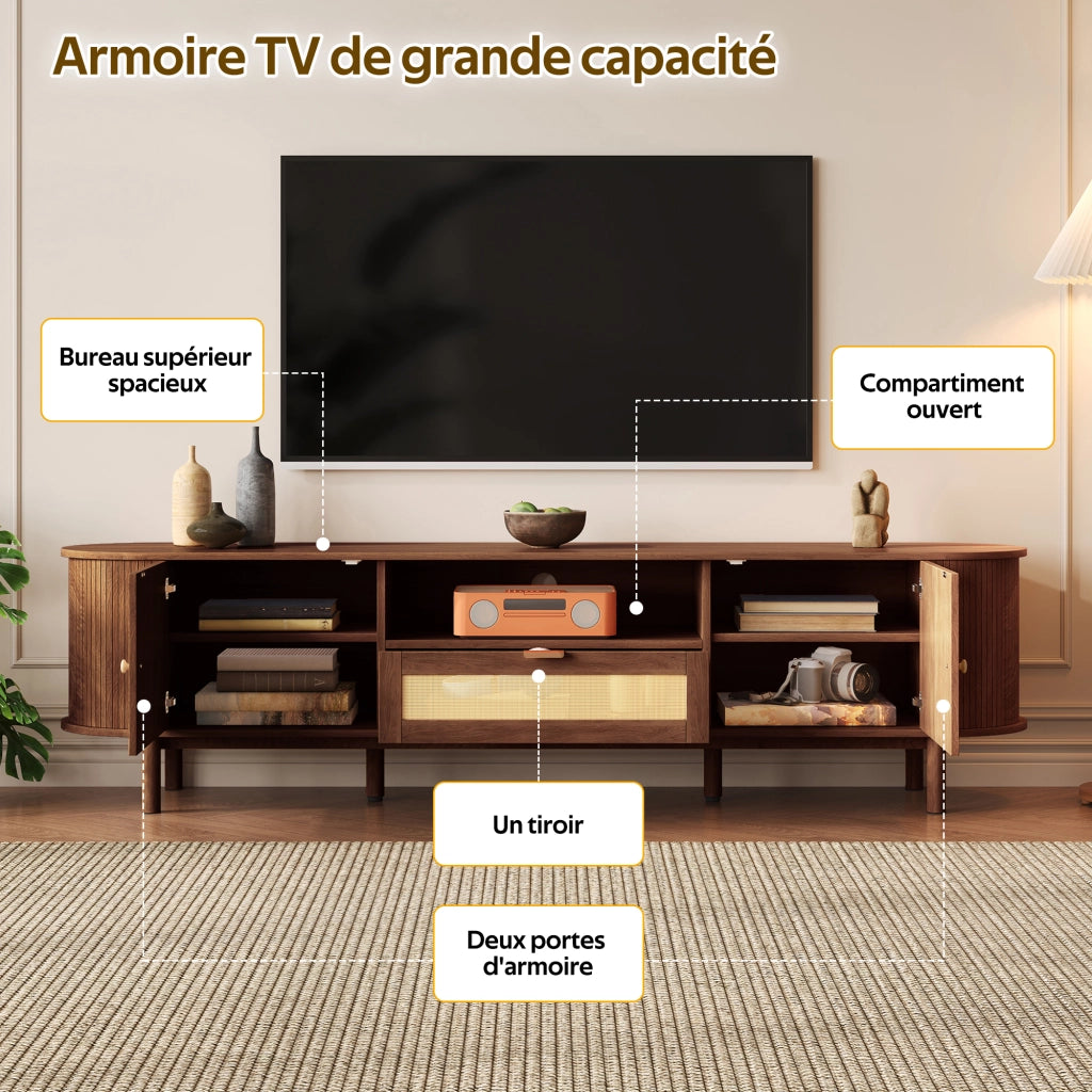 OKWISH Mobile TV con 2 Ante, Vano Aperto e Cassetti, Design Curvo, per Soggiorno, MDF, Noce 175×36×51 cm