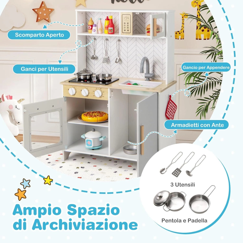 Cucina Giocattolo con Fornelli a Suoni e Luci Reali, Cucina per Bambini in Legno con Lavandelo Estrabile, Microonde e Forno, Set Cucina con Accessori, per 3+ Anni, 60 x 30 x 85 cm (Bianco)