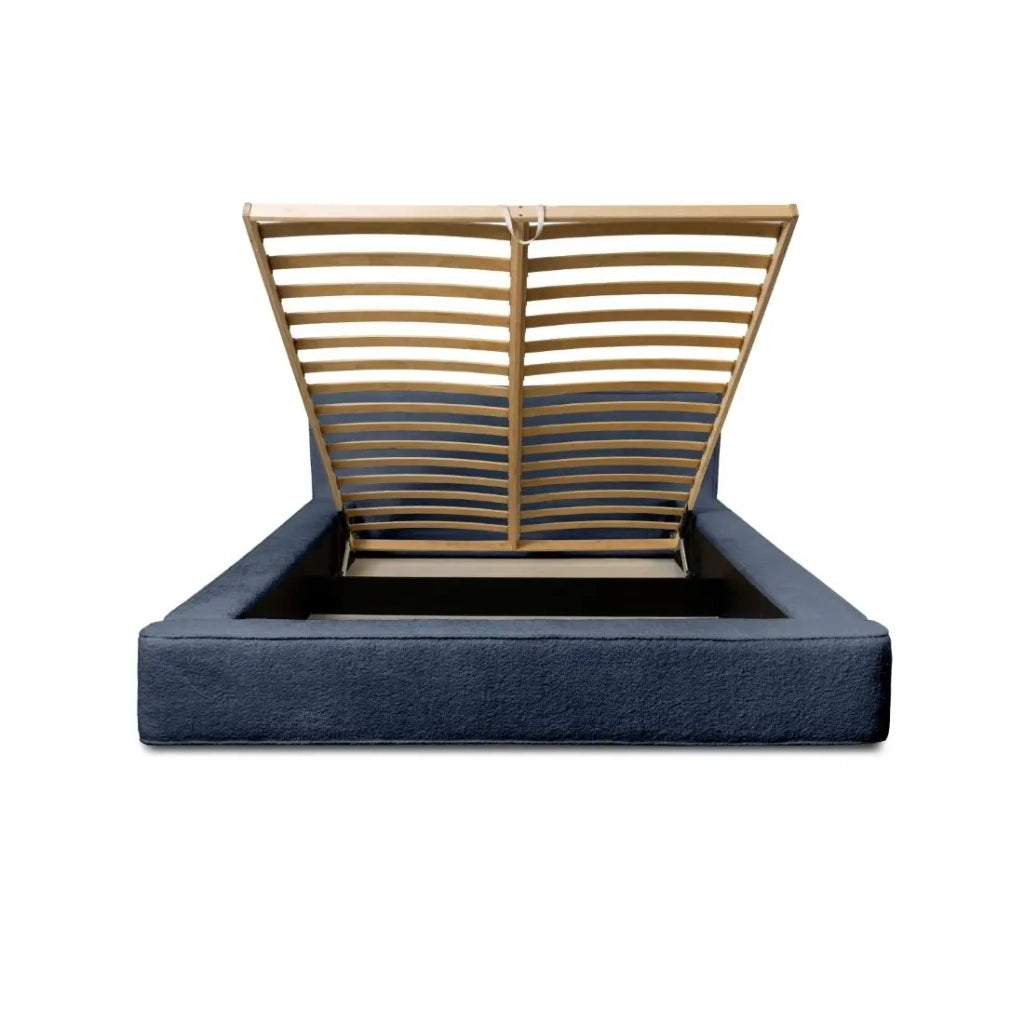 Letto contenitore VELORA – Blu acciaio bouclé – 180x200 cm – Tessuto velluto morbido – Rete sollevabile – Spazio di stoccaggio integrato
