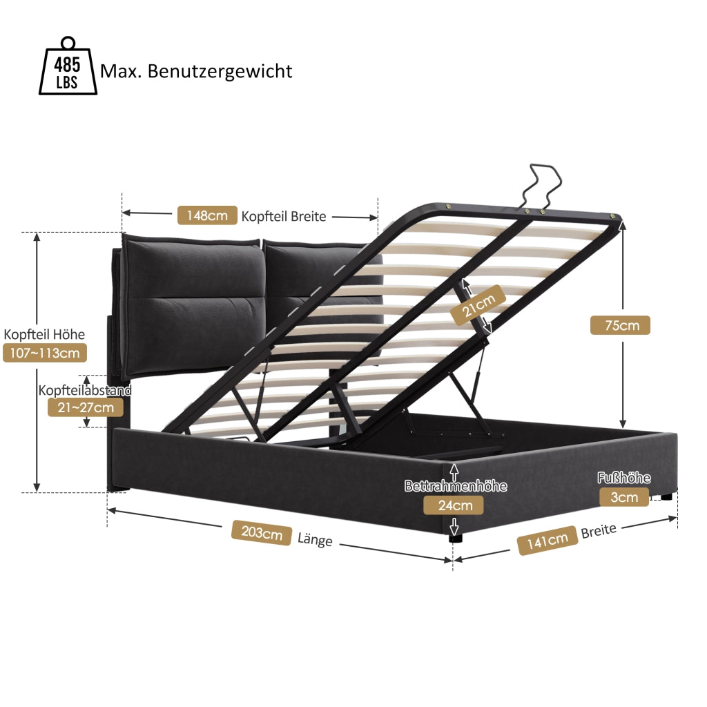 Letto Contenitore 140 x 200 cm; Letto Matrimoniale con Testiera Regolabile e Vano Contenitore; senza Materasso; Nero