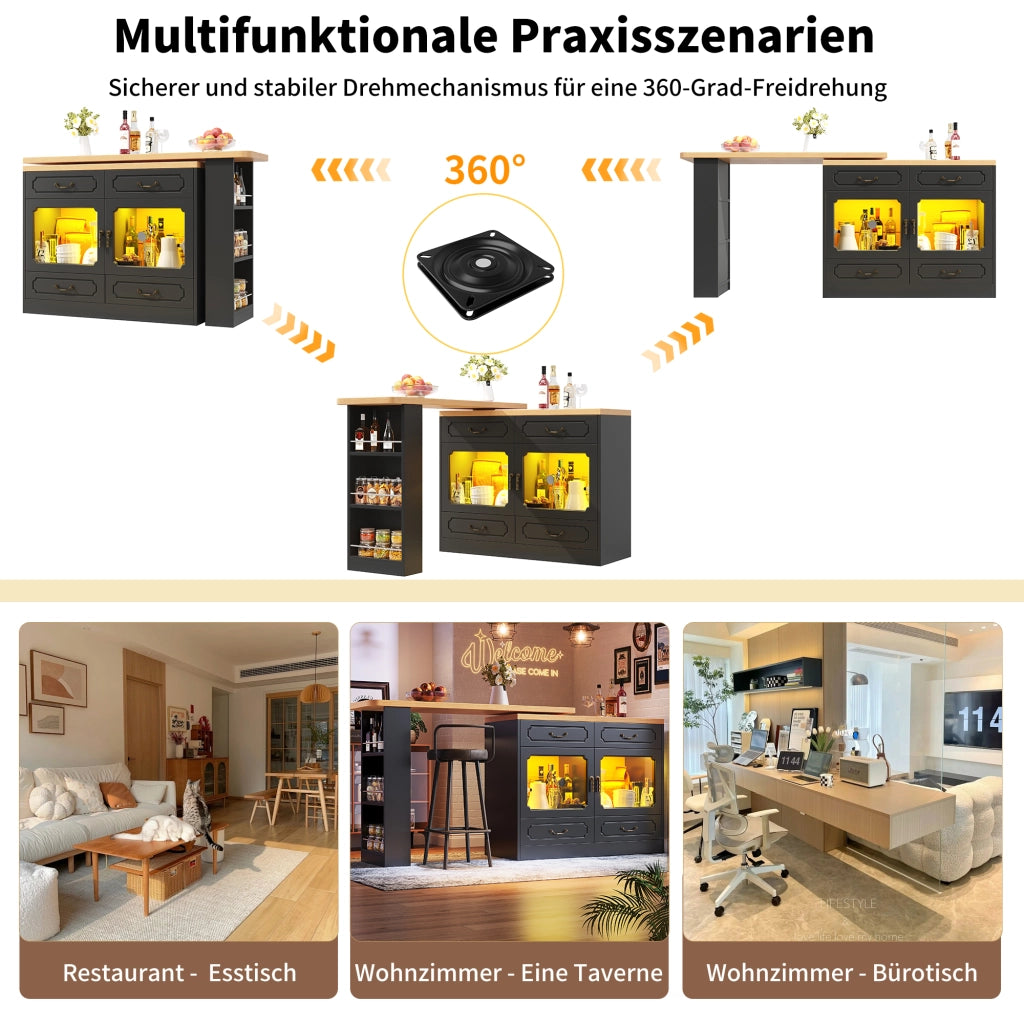 Tavolo Bar Estensibile con 4 Cassetti e Ripiano Laterale; LED e Piano Girevole; in MDF; 135-203x39x92;8 cm