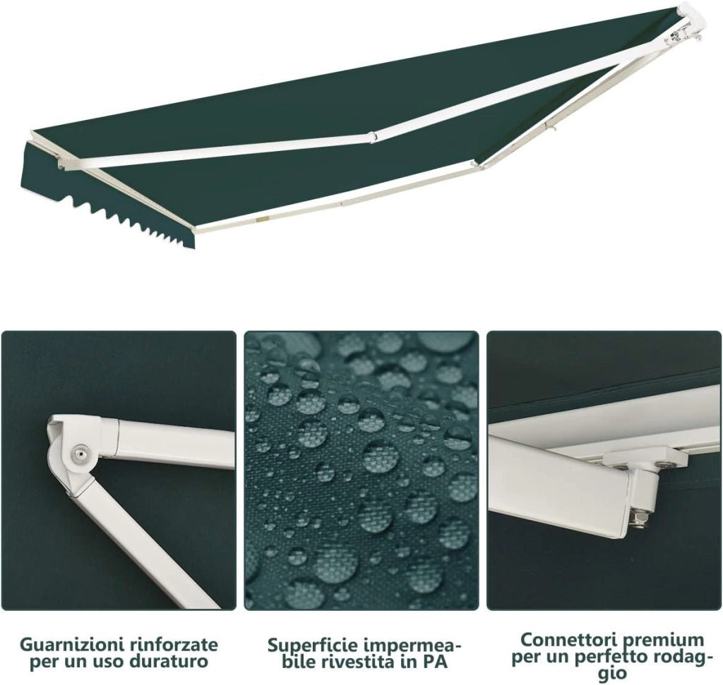 Tenda da Sole per Esterno, Tenda da Sole a Bracci Estensibili con Telaio in Alluminio, Tettuccio Resistente al Sole e Impermeabile e Manovella (4 x 2,5 M, Verde)