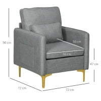 Poltroncina Moderna con Tessuto effetto Lino, Gambe in Acciaio e Tasche laterali, 72x72x90cm, Grigio