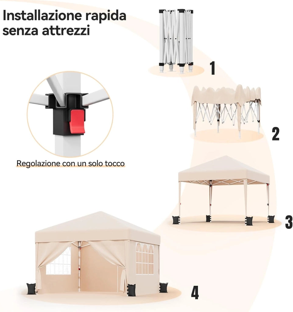Gazebo 3x3 Pieghevole Impermeabile UPF50+, 3 Altezze Regolabili, 4 Pareti Rimuovibili, Gazebo da Giardino per 8-10 Persone, Pop-up Gazebo Esterno Resistente con Borsa da Trasporto, Beige