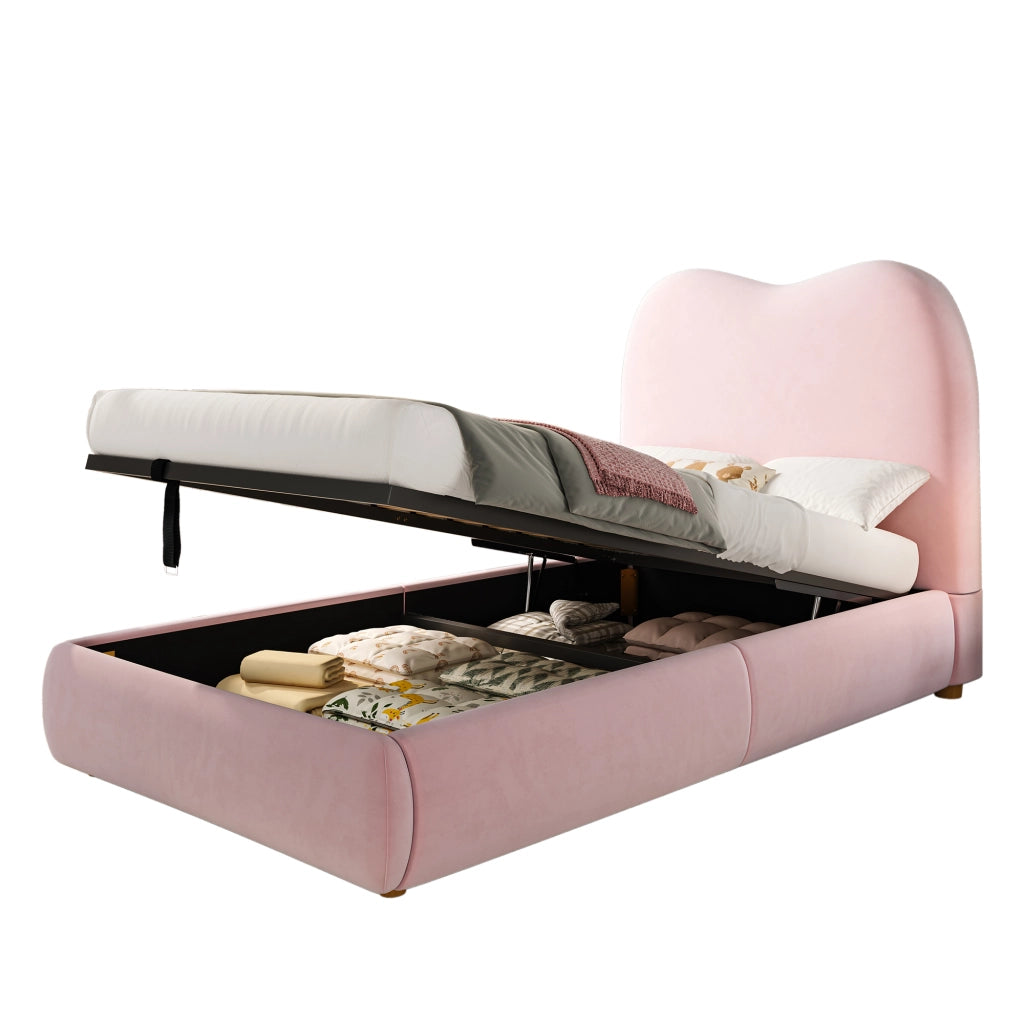 OKWISH Letto contenitore 90×200 cm, Letto Singolo con Contenitore, Testiera Imbottita e Rete a Doghe, senza Materasso, Velluto, Rosa