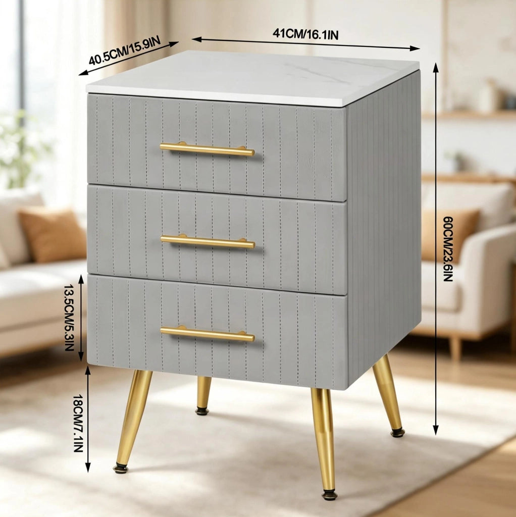 Comodino con 3 Cassetti Rivestito in Velluto con Gambe in Metallo Grigio