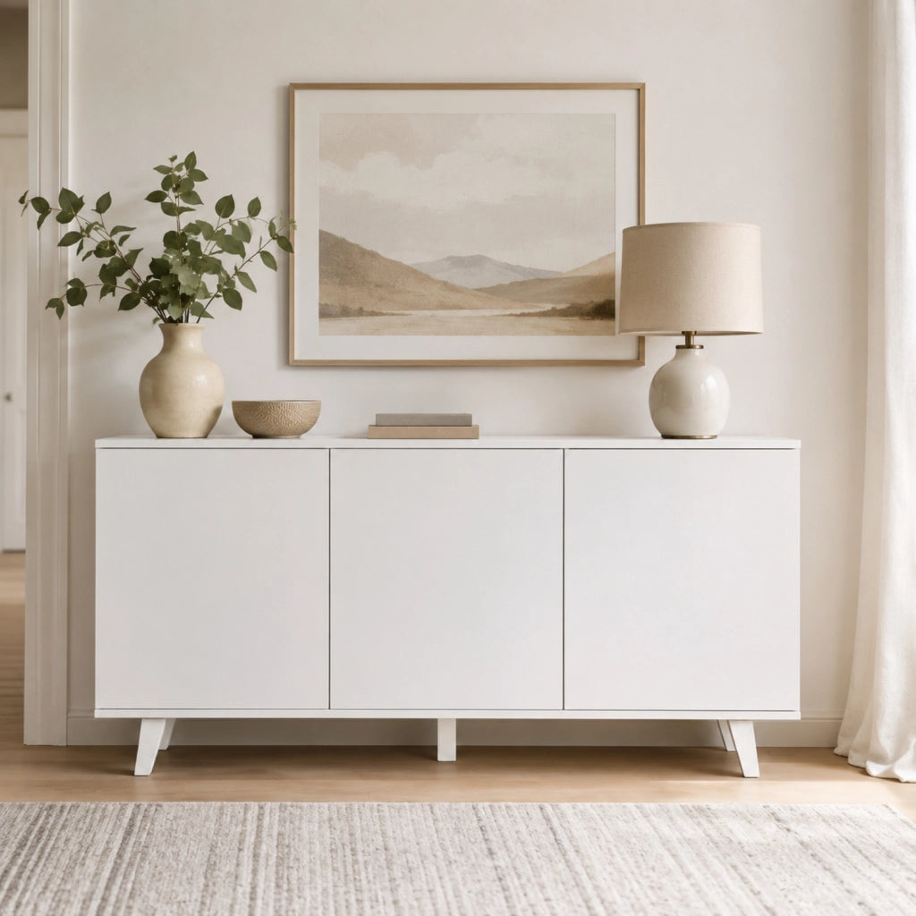Madia Moderna 3 Ante Senza Maniglie Credenza Mobile Contenitore Design Minimal Con Piedini Rialzati Per Zona Living 154 X 72 X 40 Cm Bianco