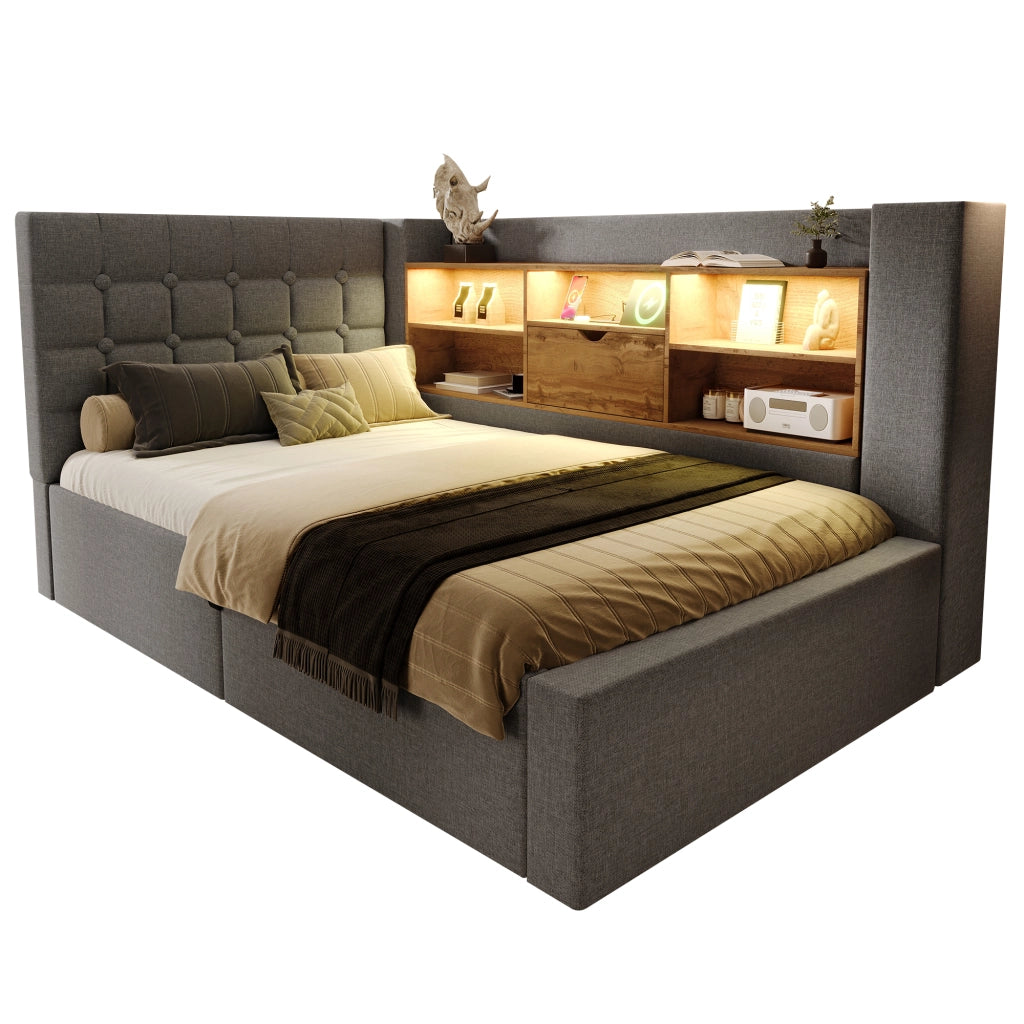 Letto imbottito idraulico con illuminazione a LED 90x200 cm colore grigio lino