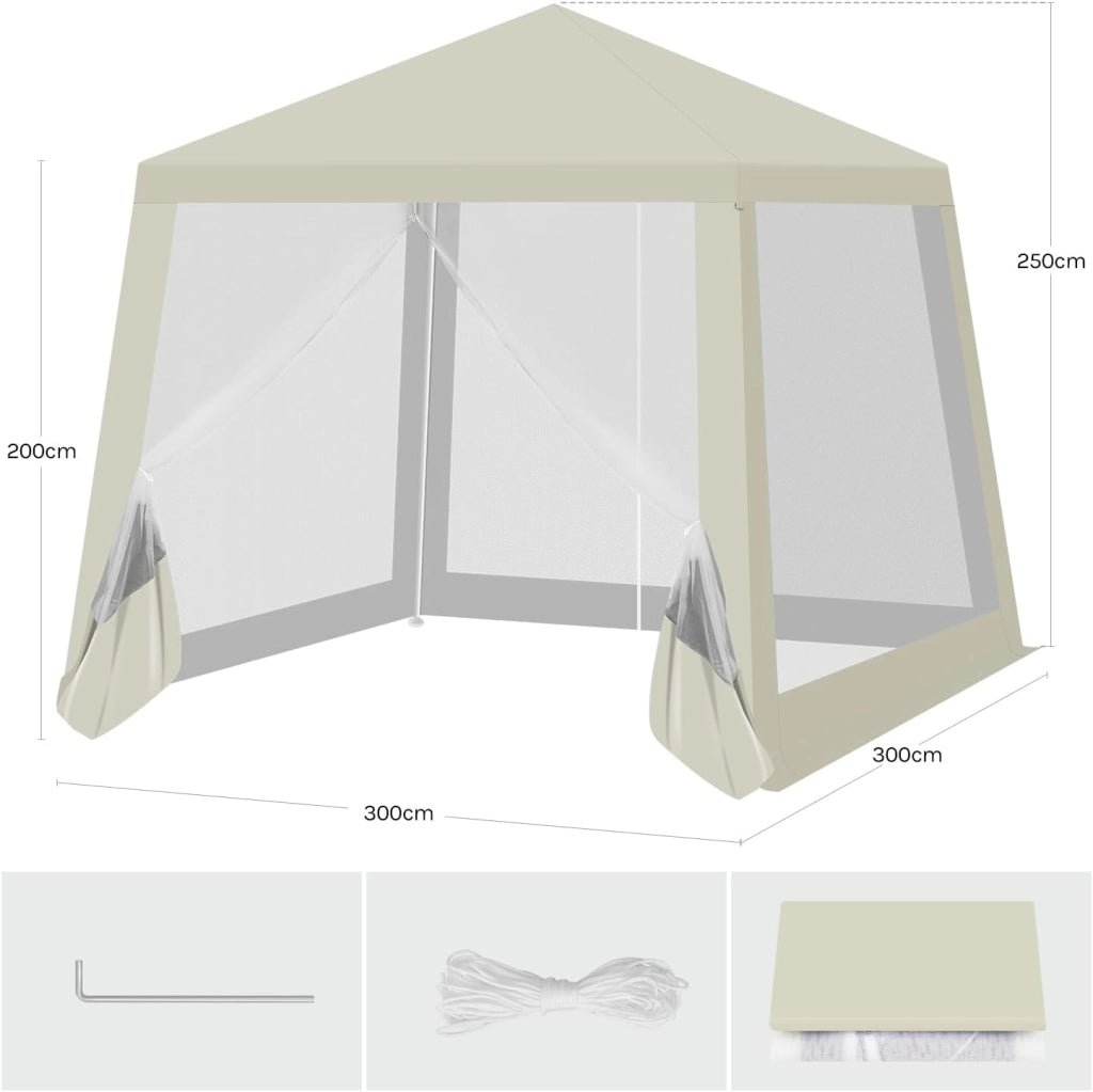 Gazebo 3x3 Pieghevole Idrorepellente, Pergolato da Giardino, Gazebo da Esterni, con Pareti Laterali a Zanzariera, per Campeggio, Feste, Beige
