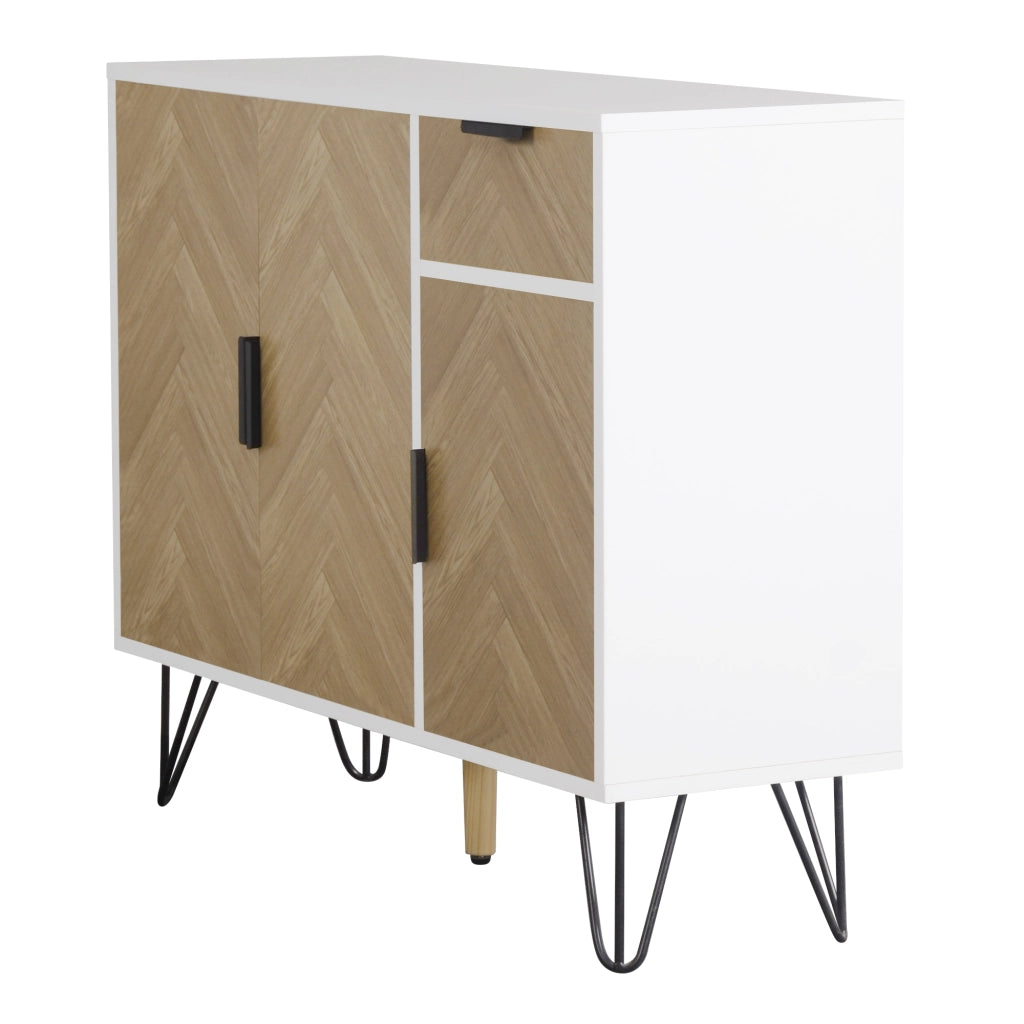 Credenza con cassetto e tre ante con ripiani regolabili in MDF e truciolare bianco e legno 90 × 30 × 71,5 cm