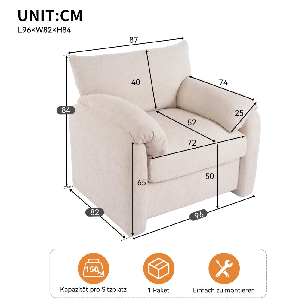 Poltrona singola in chenille con braccioli imbottiti; 96 cm; beige