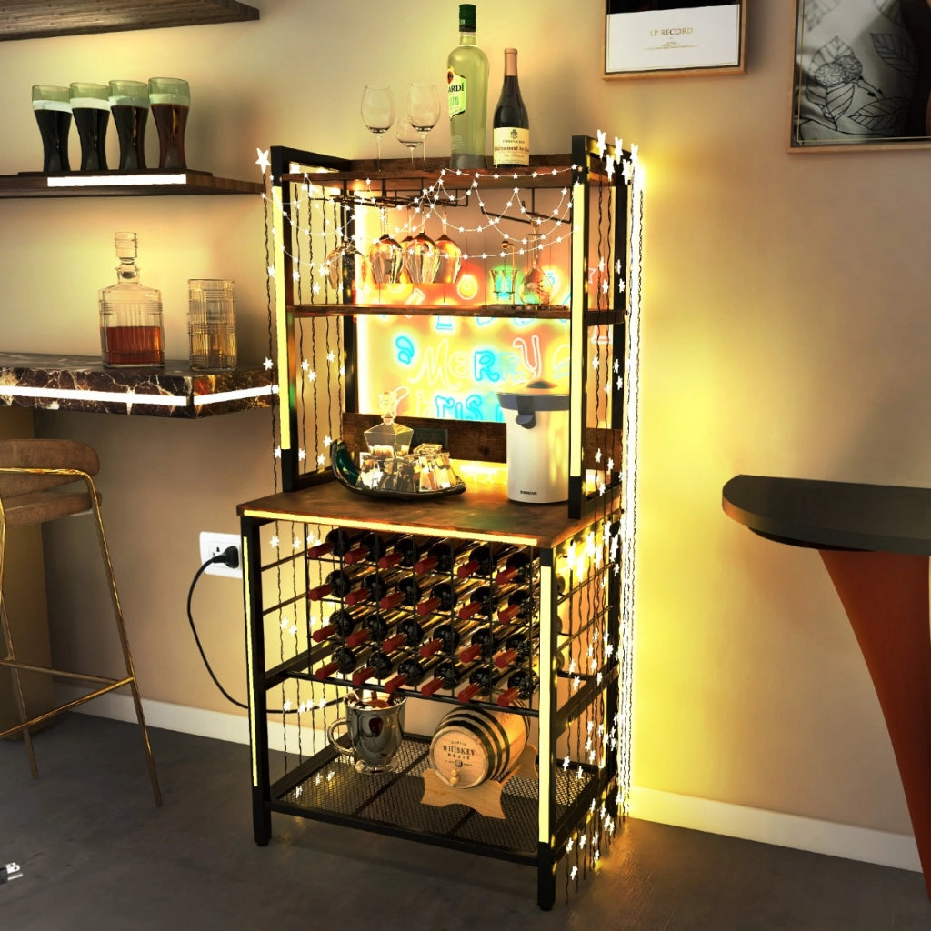 Mobile bar vino con 4 ripiani porta calici porte USB prese struttura in metallo, Portabottiglie industriale Marrone