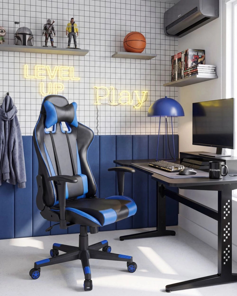 Sedia da gaming in ecopelle nera con braccioli reclinabili blu regolabili in altezza Supporto lombare Cuscino per poggiatesta Sedia da ufficio