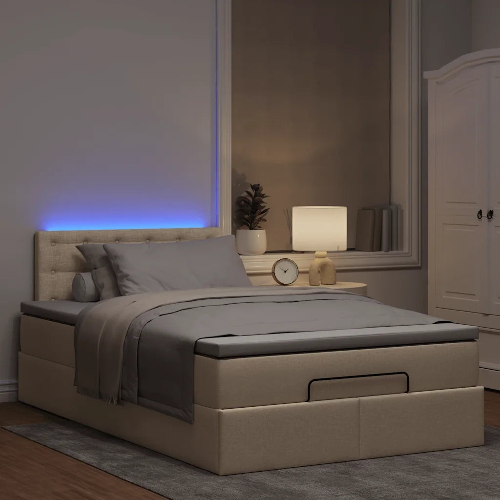 Pouf Letto con Materasso e LED Crema 120x190cm in Tessuto