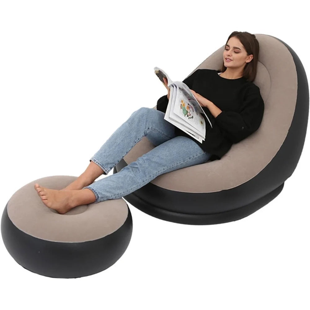 Trade Shop - Sedia Gonfiabile Poltrona Lounge Con Sgabello Portatile Pvc Floccato Per Campeggio -