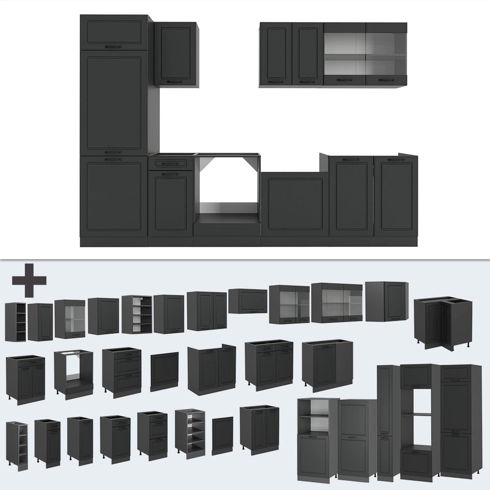 Cucina componibile R-Line Antracite rustico/Antracite 300 cm senza piano di lavoro Vicco