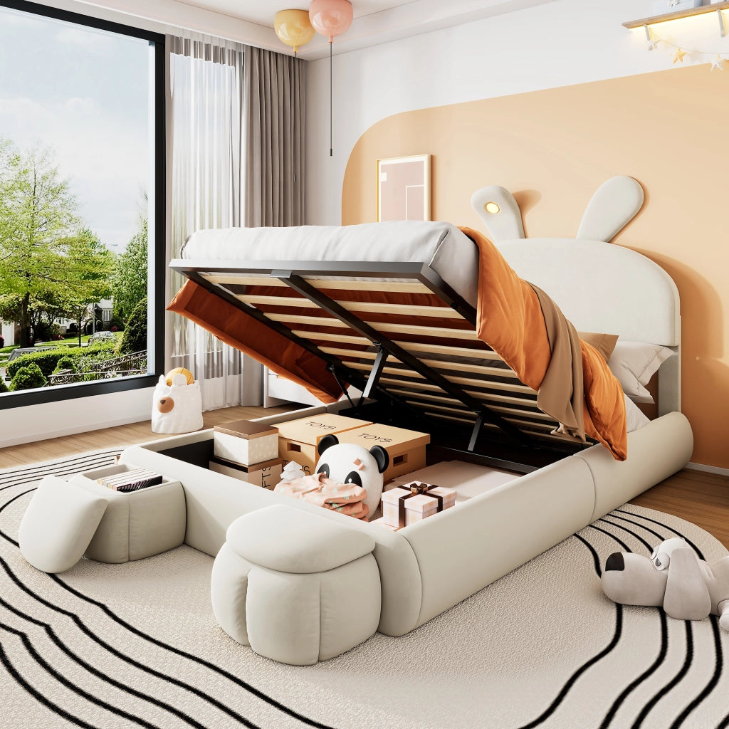 OKWISH Letto Contenitore 140×200 cm, Letto Matrimoniale con Orecchie da Coniglio, LED Regolabile e 2 Pouf Contenitore, senza Materasso, Velluto, Beige