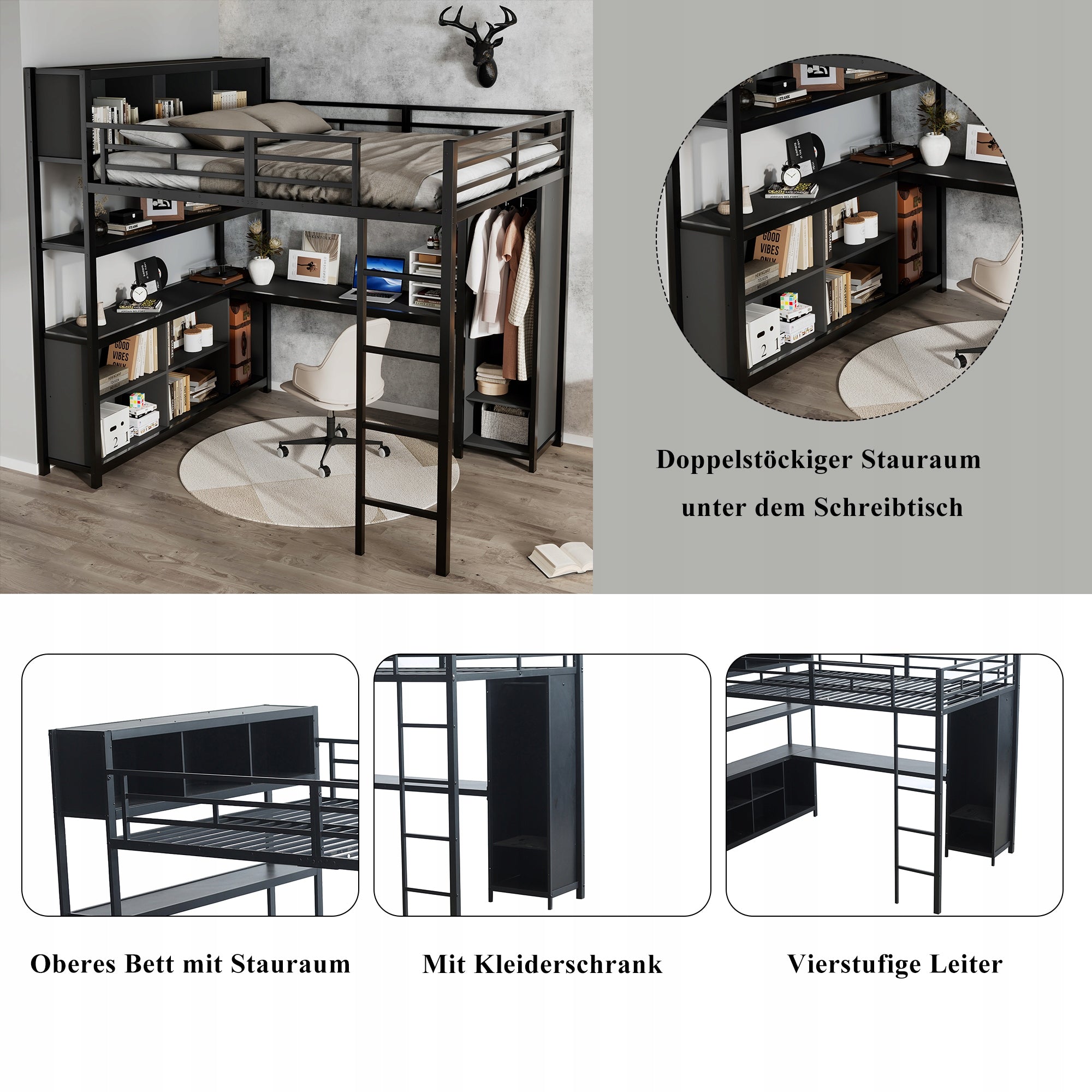 Letto a castello con scrivania e armadio - Xylo - 140x200 cm nero