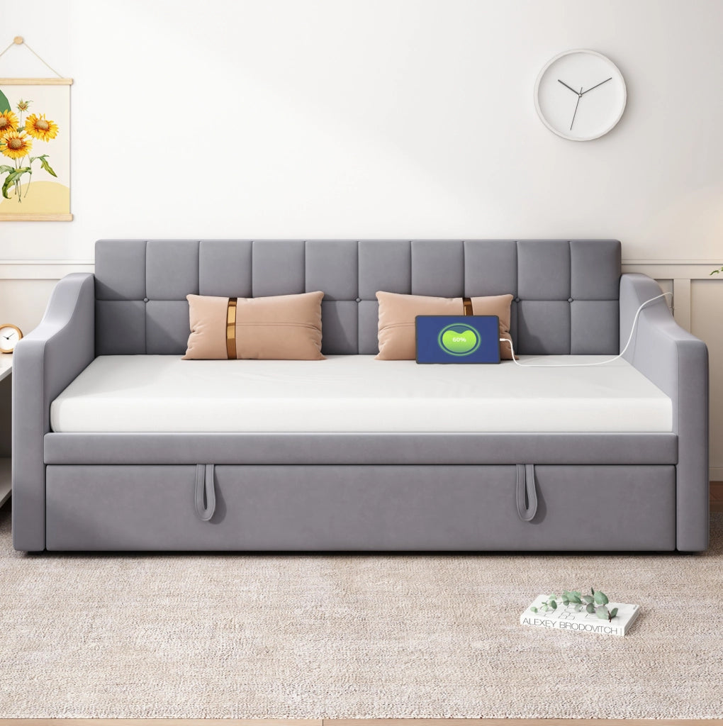 Divano letto imbottito estraibile 90x190 cm in velluto grigio con porte USB